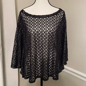 Whimsigoth Woman 18/20 Black Silver Thread Crochet Top with Butterfly Sleeves